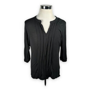 Vivienne Vivienne Tam Top Womens Small Blouse Black Pleated V Neck‎ 3/4 Sleeve